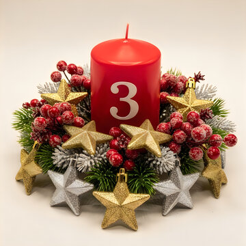 Advent candle number three with greenery
