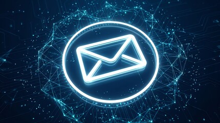 Fototapeta premium Glowing neon email symbol floating inside digital network structure with cyber data lines and circuit board background representing modern communication technology and electronic messaging