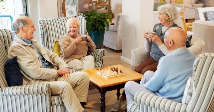 Break, friends and talking with old people in living room of retirement home for community support. Conversation, happy and relax with group of seniors in apartment together for bonding or wellness