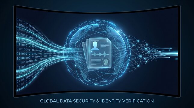 Digital identity card with biometric fingerprint and user profile icon floating in front of glowing global network globe with binary data streams representing data security