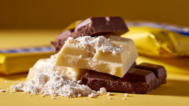 Assorted pieces of dark and white chocolate bars with powdered sugar