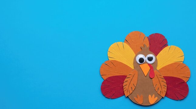 A colorful handprint turkey craft illustration on a bright blue background wishing everyone a very happy thanksgiving holiday celebration