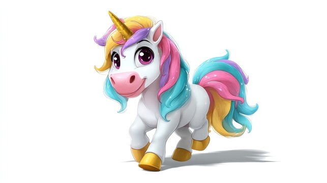 Cute Unicorn Illustration: A magical unicorn with a rainbow mane and tail prances playfully, embodying fantasy and wonder.