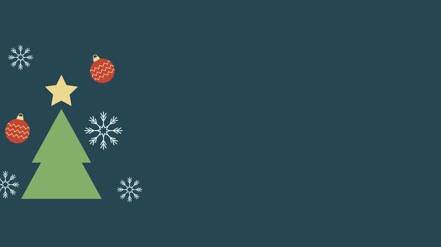 Seamless looping background animation of swaying Christmas tree, baubles, and snowflakes in side areas with wide dark blue text copy space area. Flat style winter night frame backdrop concept