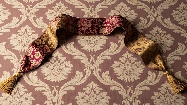 Decorative Fabric Ribbon with Tassels on Damask Wallpaper
