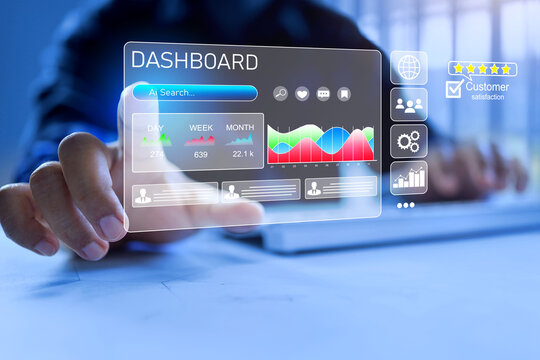 data analysis concept hand pointing on virtual dashboard to analyze market result on digital marketplace