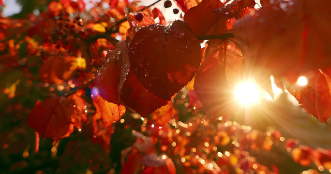 A low-angle perspective, sunlight glancing off the falling leaves