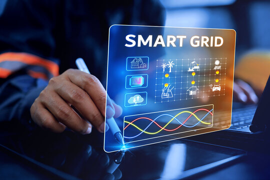smart grid concept with power plant engineer monitoring electric distribution on virtual dashboard