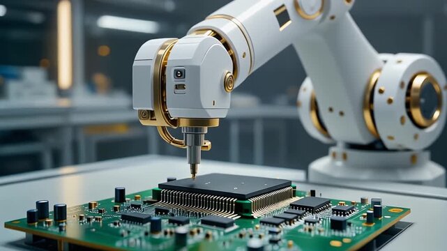 Robotic Arm Manufacturing Semiconductor Chip on Circuit Board
