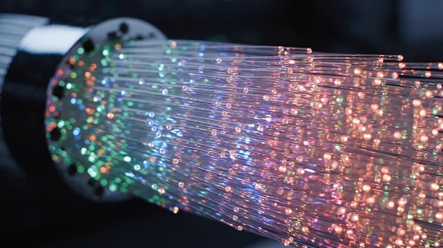 Bright blue fiber optic bundle glowing and transmitting light pulses