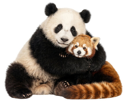 giant panda and red panda hugging each other
