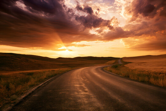 An empty road paved with asphalt set against a rural countryside backdrop during sunset, framed by dramatic clouds