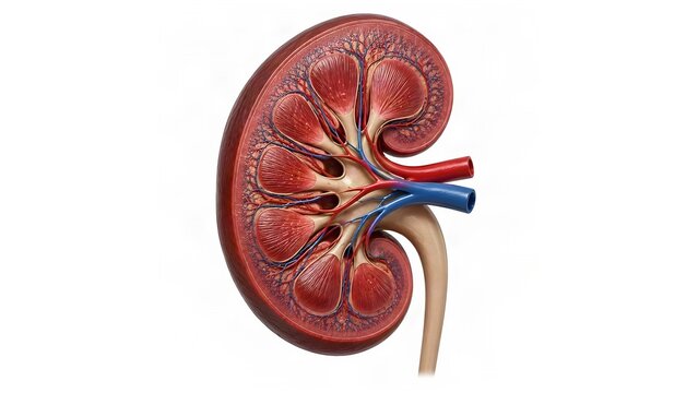 Cross-section of human kidney with large kidney stone in renal pelvis, showing internal anatomy, renal pyramids, calyces, artery, vein and ureter. 3D medical illustration on white background.
