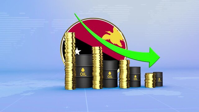 Papua New Guinea Oil Prices Decline with Oil Barrels, Gold Coins and Downward Green Arrow, 3D Economic and Financial Market Concept