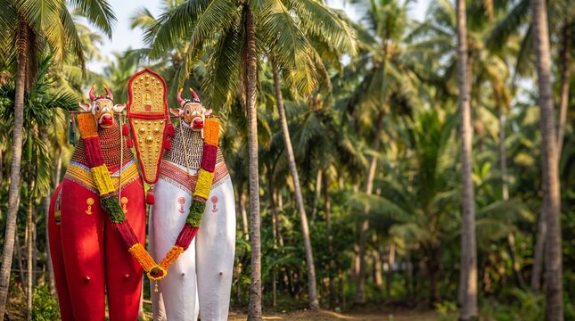 Traditional Kettukala bull effigies decorated for Oachira 28th Onam festival in Kerala, positioned against a lush coconut palm grove with natural sunlight and copy space on right.