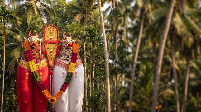 Traditional Kettukala bull effigies decorated for Oachira 28th Onam festival in Kerala, positioned against a sunny coconut palm grove with copy space on right.