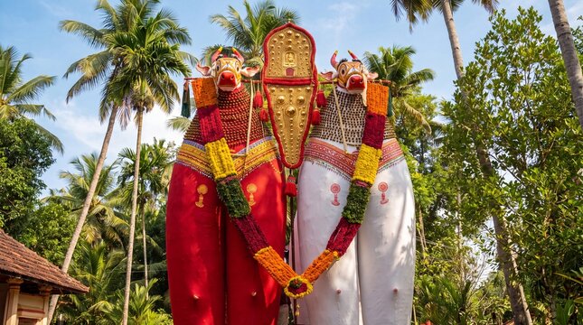 Decorated Kettukala bull effigies for Oachira 28th Onam festival in Kerala, low angle view against tall coconut palm trees and clear blue sky during sunny daytime.
