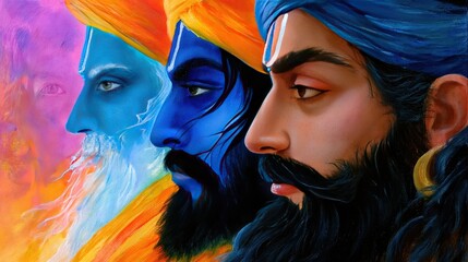 Obraz premium Divine Trio of Hindu Deities Showcases Brilliance in Vibrant Colors