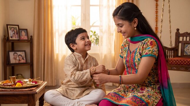 Loving sister tying sacred Rakhi thread on her little brother's wrist at home during Raksha Bandhan festival celebration, joyful sibling bond in traditional Indian living room.