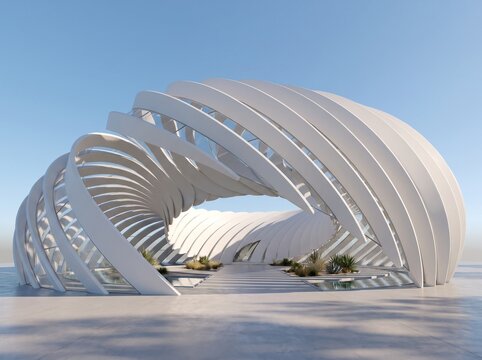 Modern futuristic building with curved architectural design