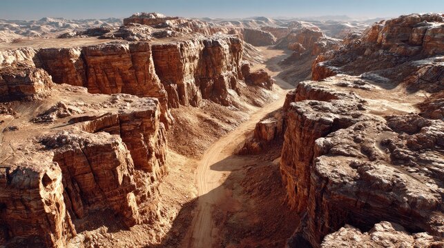 Vast Desert Canyon: An awe-inspiring aerial view of a deep, rugged desert canyon carved by time and erosion.