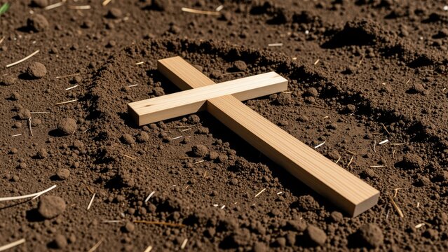 Small wooden cross lying on dry soil surface, symbolic religious object placed outdoors, natural landscape, spiritual and faith concept, rustic and weathered texture, symbolic gest