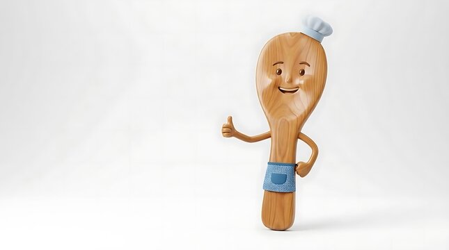 Cute wooden spoon cartoon character chef thumbs up.