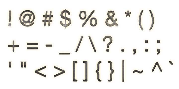 Assorted punctuation marks and mathematical symbols with dark wood grain texture isolated on a transparent background