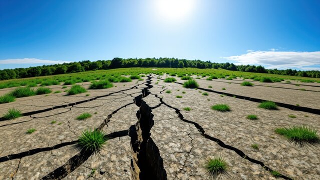 Dry cracked land with sparse green grass patches under bright blue sky, drought, arid landscape, environmental stress, climate change impact, natural disaster, outdoor rural scener