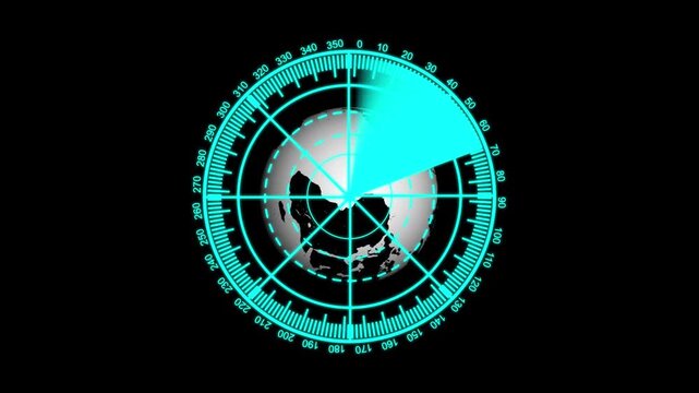 Cyan radar screen with a sweeping sector and a glowing outline of the Earth on animated .scanning the surroundings. This simple radar navigation system actively monitors and detects nearby objects.