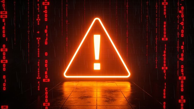 Glowing warning triangle neon sign against digital binary code background for cybersecurity alerts