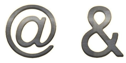 Naklejka premium Large at and ampersand symbols with dark wood grain texture and light outline isolated on a transparent background