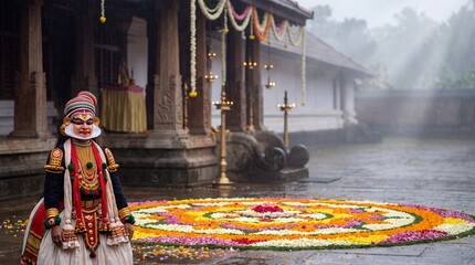 Obraz premium Kathakali dancer standing beside a flower pookalam in a Kerala temple courtyard with mist and sunbeams during Onam festival.