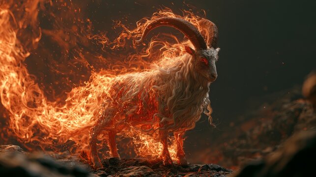Fiery mythical goat standing on rocky ground amidst flames