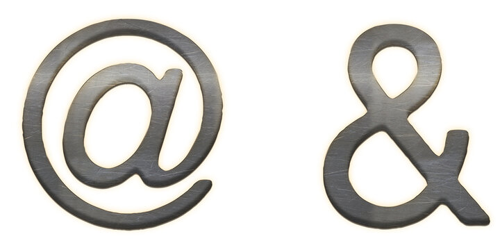 Large at and ampersand symbols with dark wood grain texture and light outline isolated on a transparent background
