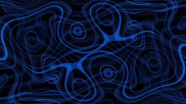 Abstract blue organic waves flowing with swirling patterns on black background seamless motion