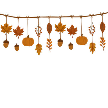Autumn garland hanging with maple leaves pumpkin and acorns vector Boho fall hanging decoration with thanksgiving pumpkin and dry leaves Cozy autumn harvest hanging ornaments illustration for banner
