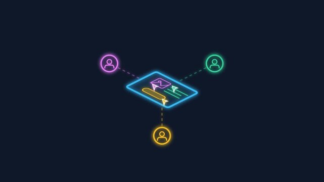 Glowing Neon Isometric Animation of Digital Remote Team Collaboration and Data Sharing