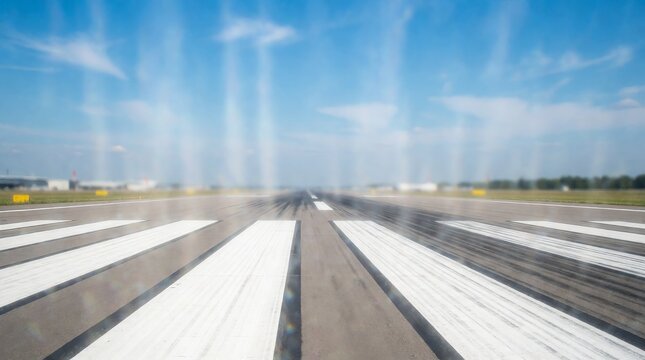 Aerial view of wide airport runway under bright clear sky with distant buildings with showcasing sense motion openness blurred edges distant terminal structures