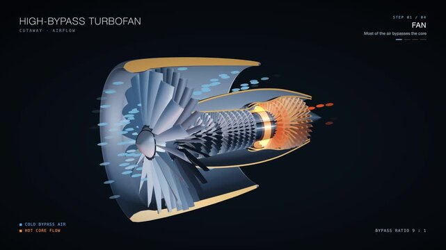 High-bypass turbofan jet engine cutaway animation, cold bypass air and hot core flow, seamless loop