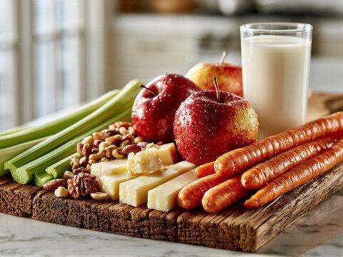Overhead flat lay of dental-friendly foods including apples, carrots, celery, cheese, nuts, and milk on a wooden board. Soft natural light, bright background, and left copy space. Ideal for health...