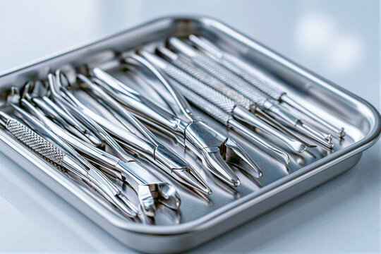 Top-down view of a brushed steel dental tray with sterilized surgical instruments under cool LED lighting, soft white bokeh background, and right-side copy space ideal for healthcare advertising