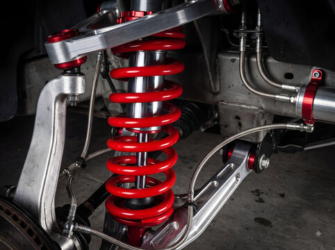 Close-up of Vehicle Suspension System with Red Coil Spring