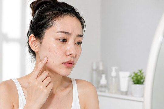 Young Asian woman checking acne and blemishes on her face before cleansing, skincare and problem skin concept.