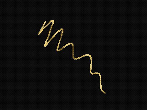 Golden scribble trails across dark fabric texture. Delicate zigzag line glows warmly against deep black background. Simplified, abstract design invites creative interpretation