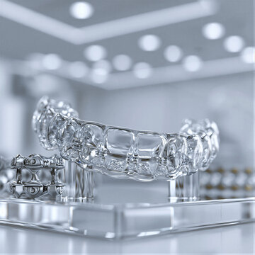 Clear 3D dental aligner on an acrylic stand beside silver braces, cool clinical lighting, shallow depth of field, right negative space for orthodontic catalogs and modern marketing.