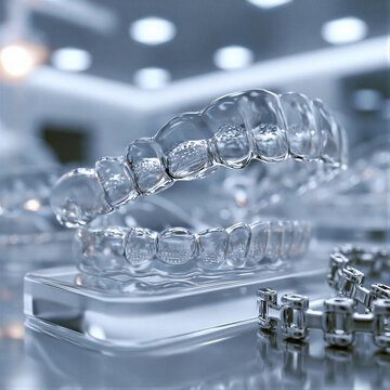 Clear 3D dental aligner on an acrylic stand beside silver braces, cool clinical lighting, shallow depth of field, right negative space for orthodontic catalogs and modern marketing.