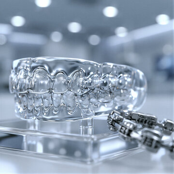 Clear 3D dental aligner on an acrylic stand beside silver braces, cool clinical lighting, shallow depth of field, right negative space for orthodontic catalogs and modern marketing.