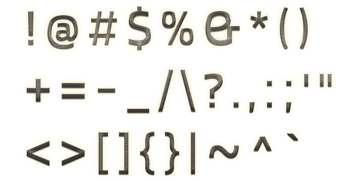 Set of various punctuation marks and mathematical symbols with dark wood grain texture isolated on a transparent background