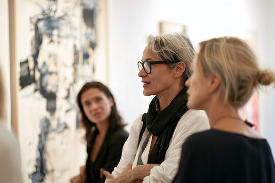 Art gallery opening event in Brera district with visitors engaging in conversation and appreciating artwork